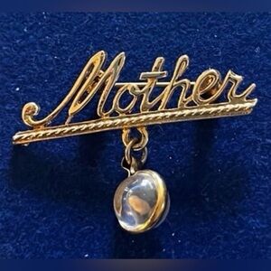 Vintage "Mother" Script Brooch with Clear Glass Drop Charm Sarah Coventry